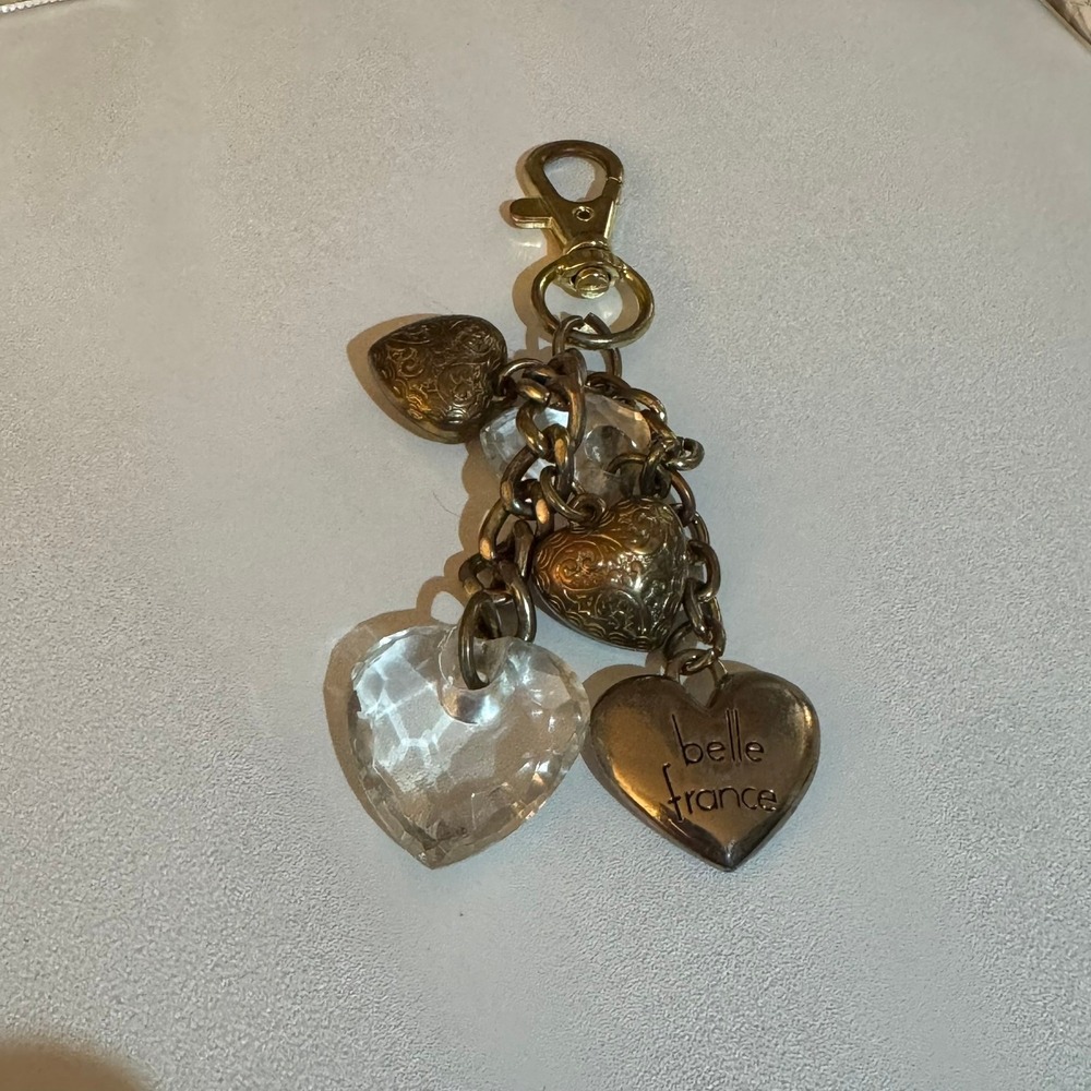 Belle France Heart Charm Keychain Rhinestone Gold Tone Lobster Clasp Dangle Fob